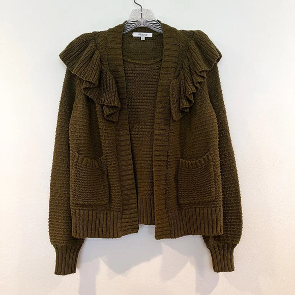 Madewell 100% Cotton Olive Green Ruffled Bohemian Open Knit Cardigan Sweater XXS - Picture 2 of 8
